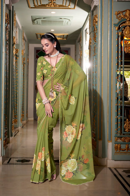 Mehendi Green Georgette Floral Print Saree with Pearl Lace Border