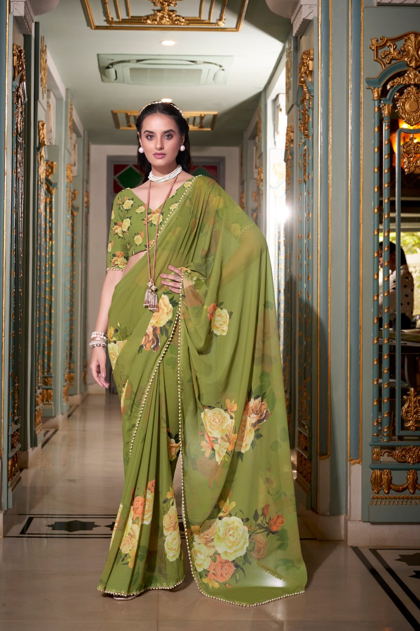 Mehendi Green Georgette Floral Print Saree with Pearl Lace Border
