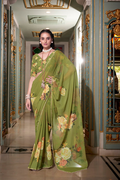 Mehendi Green Georgette Floral Print Saree with Pearl Lace Border