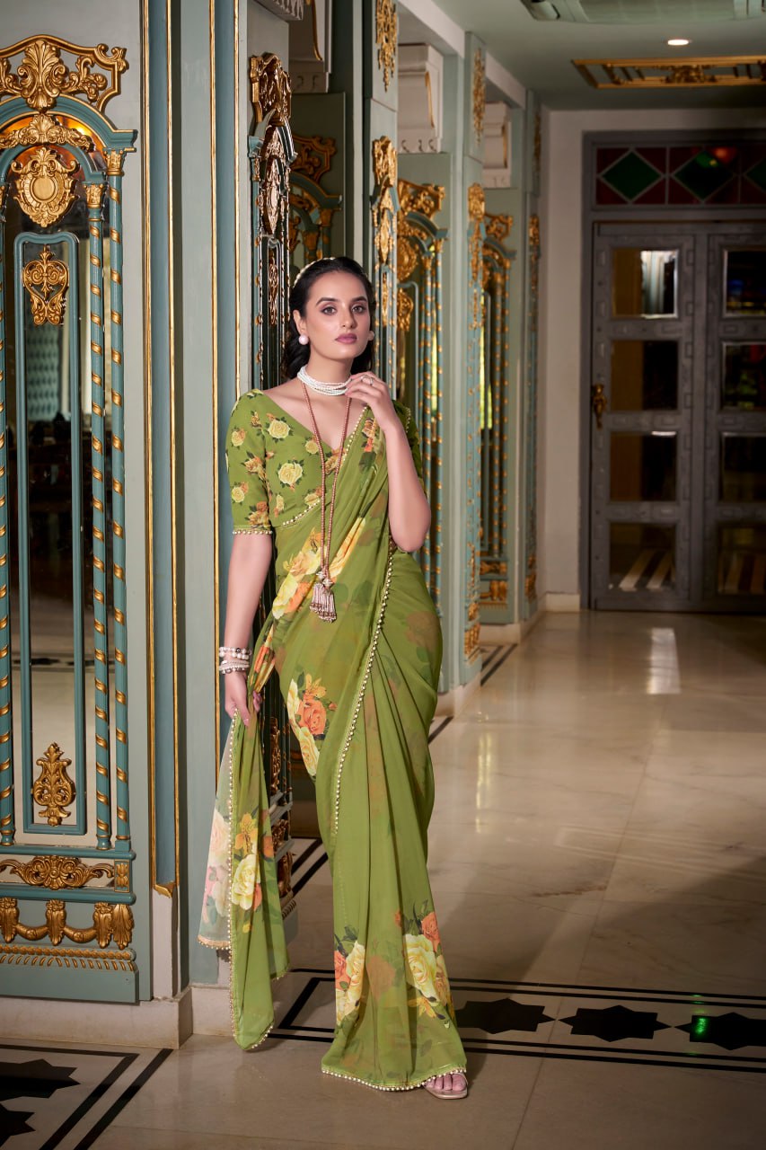 Mehendi Green Georgette Floral Print Saree with Pearl Lace Border