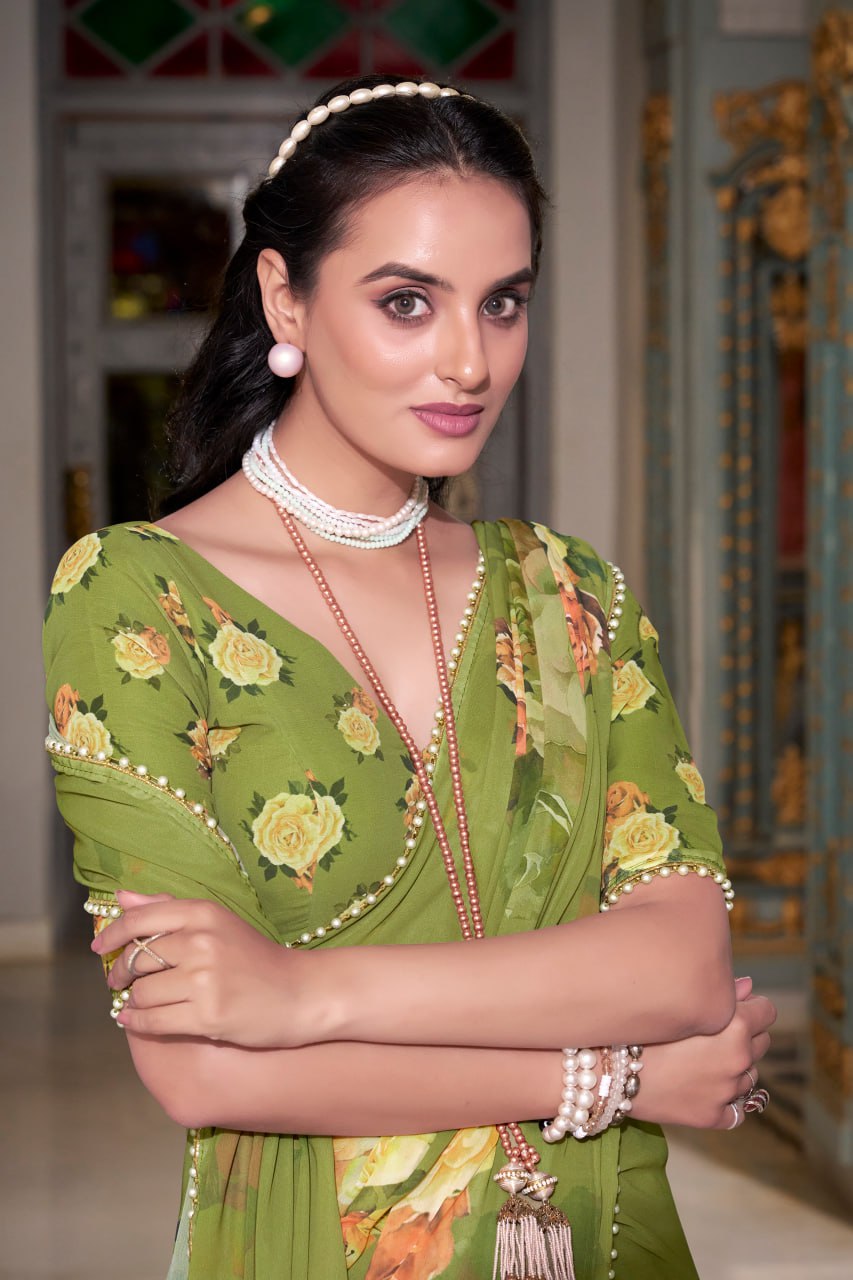 Mehendi Green Georgette Floral Print Saree with Pearl Lace Border
