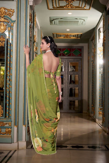 Mehendi Green Georgette Floral Print Saree with Pearl Lace Border