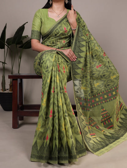 Mehendi Green Soft Poly Cotton Printed Saree with Thread Weaving