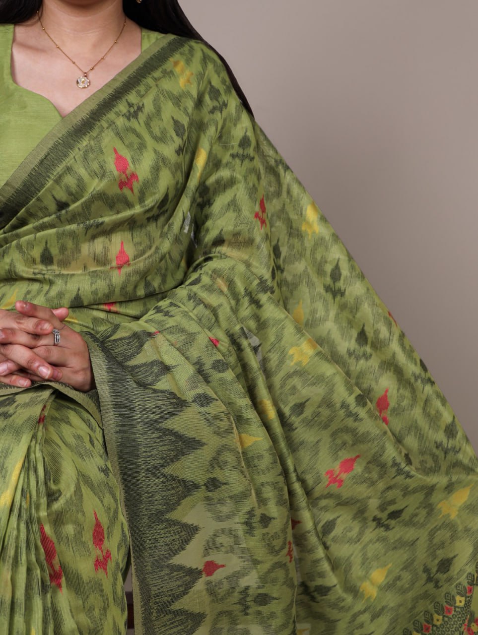 Mehendi Green Soft Poly Cotton Printed Saree with Thread Weaving