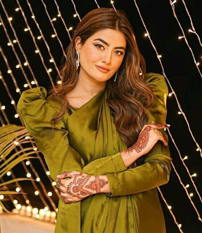 Mehendi Smooth Satin Saree with Piping Border Matching Satin Blouse