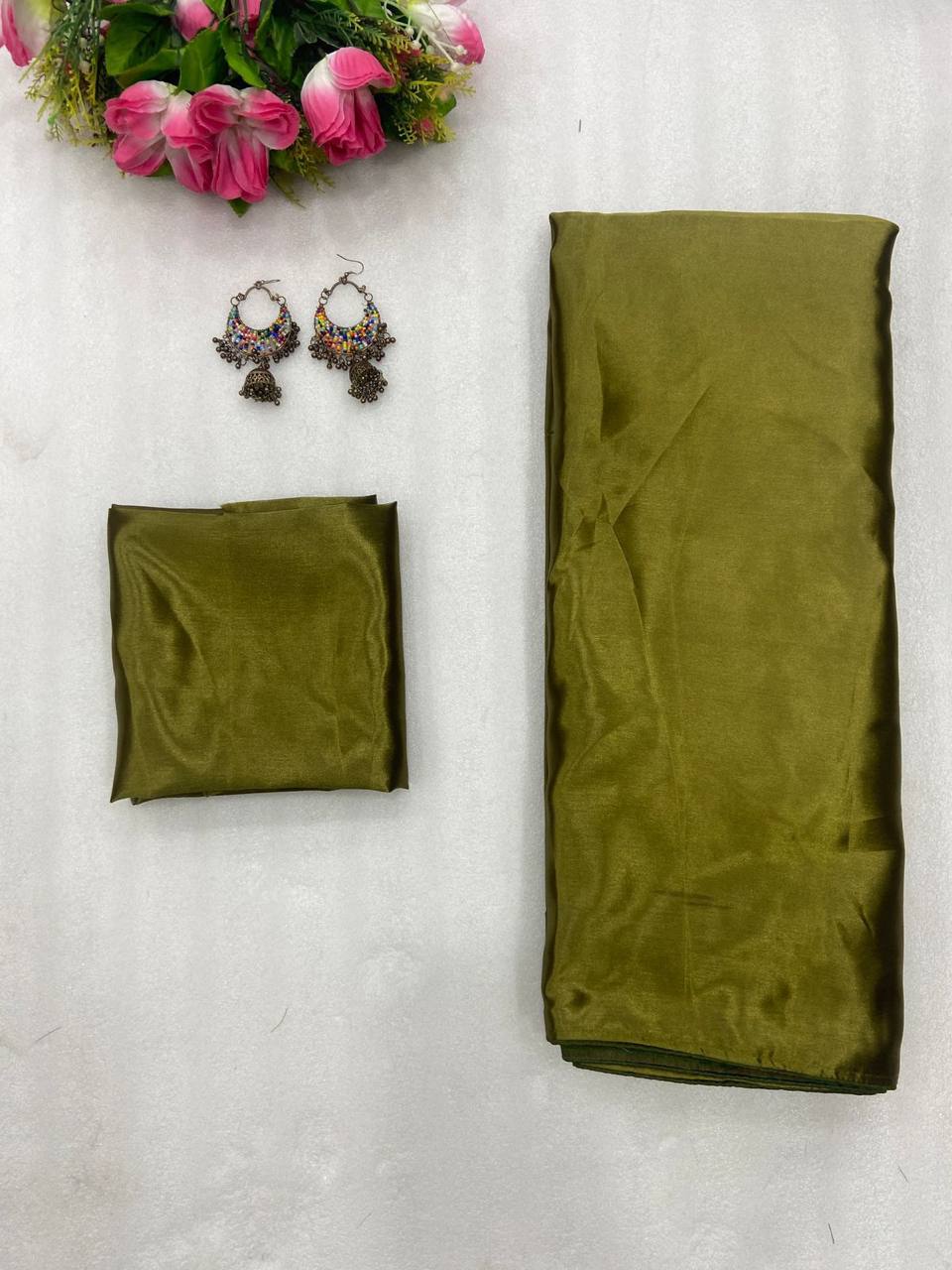 Mehendi Smooth Satin Saree with Piping Border Matching Satin Blouse