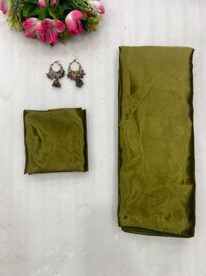 Mehendi Smooth Satin Saree with Piping Border Matching Satin Blouse