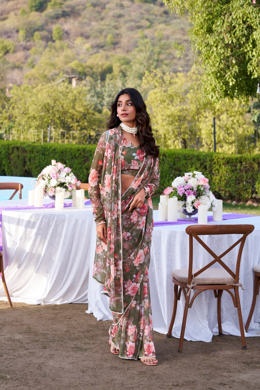 Mehendi Weightless Marble Print Saree with Pearl Matching Blouse