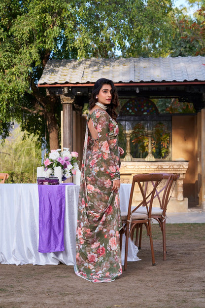 Mehendi Weightless Marble Print Saree with Pearl Matching Blouse