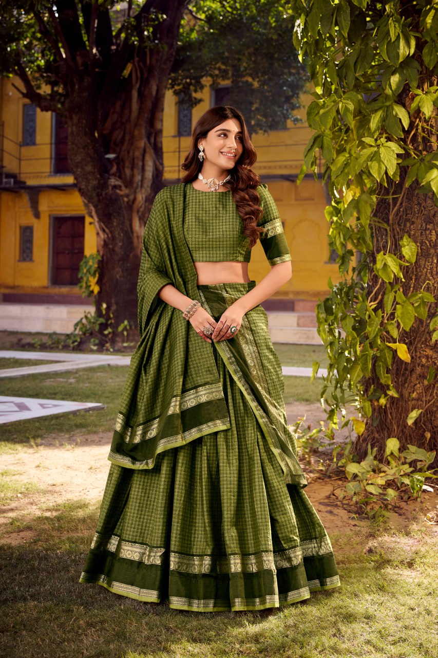 Mehndi Green Chettinad Cotton Lehenga Choli with Matching Dupatta
