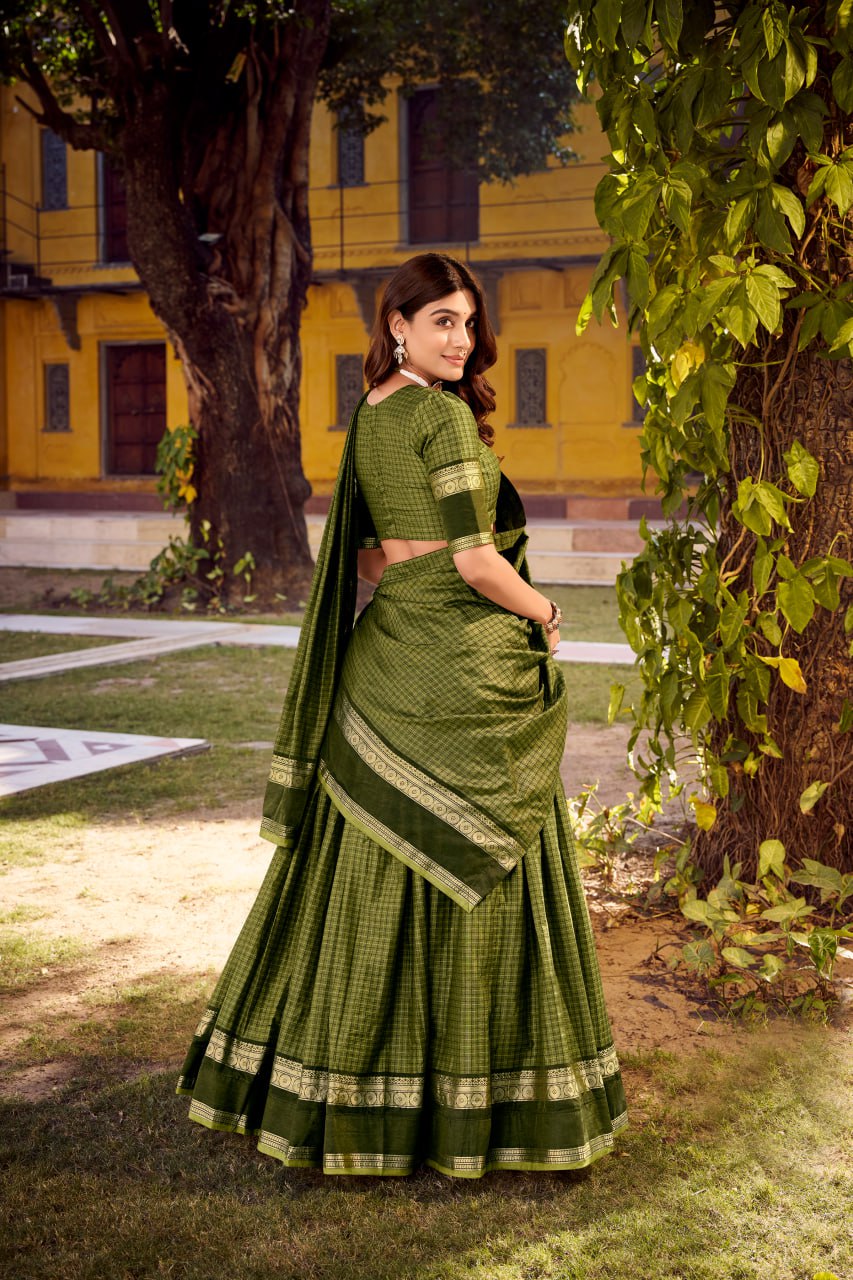 Mehndi Green Chettinad Cotton Lehenga Choli with Matching Dupatta