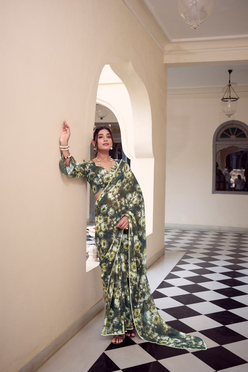 Mehndi Marble Print Weightless Saree with Pearl Lace Border Floral Blouse