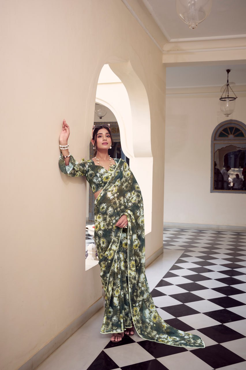 Mehndi Marble Print Weightless Saree with Pearl Lace Border Floral Blouse