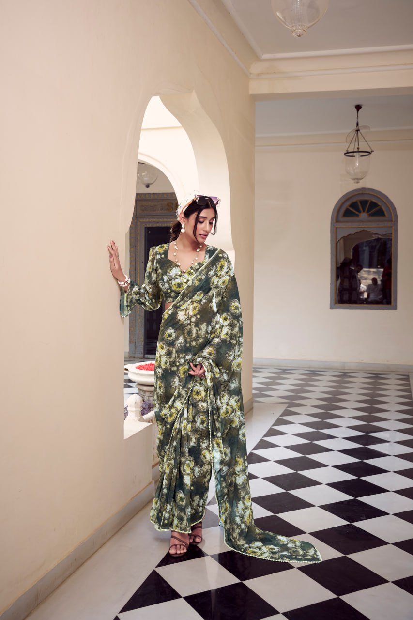 Mehndi Marble Print Weightless Saree with Pearl Lace Border Floral Blouse