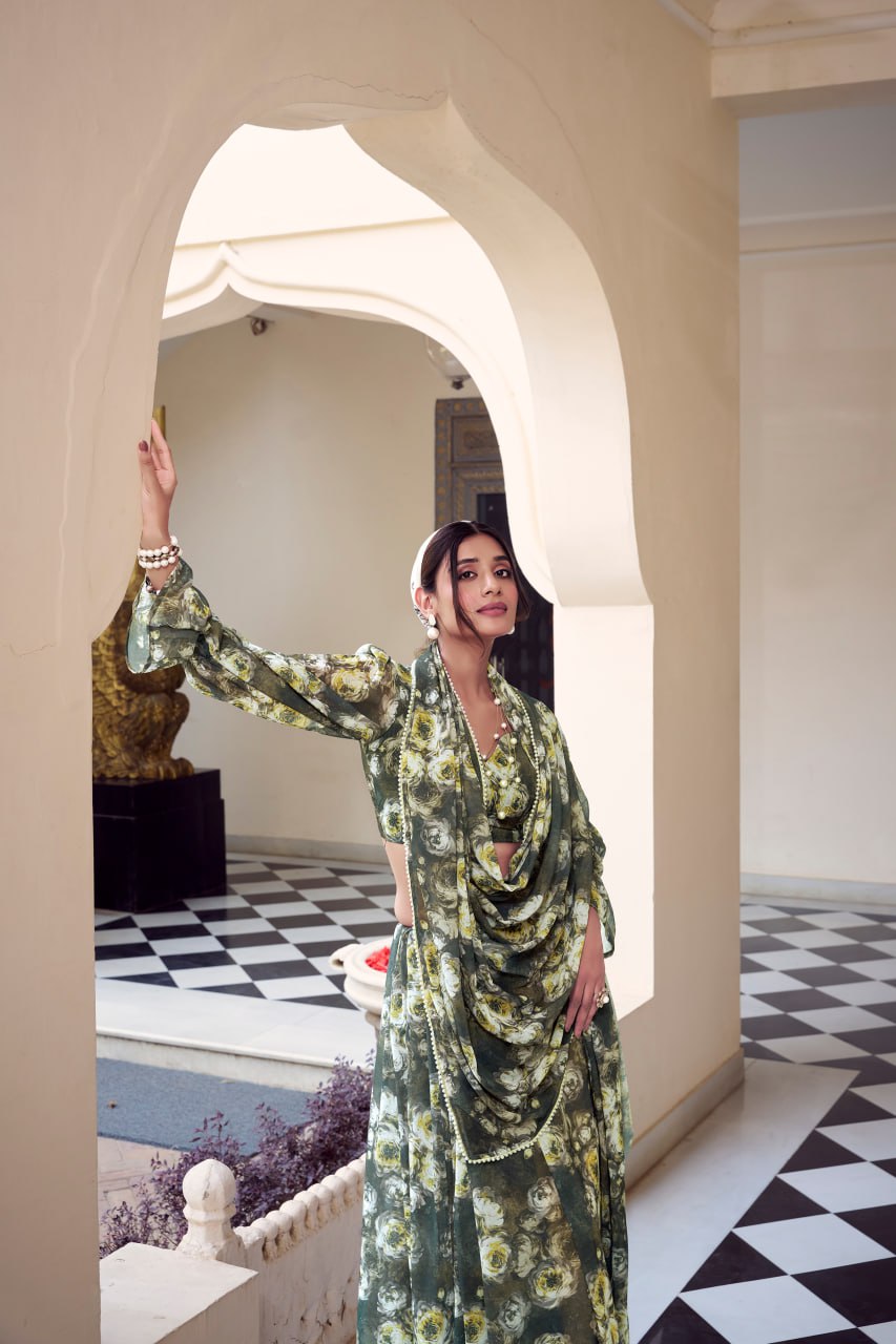 Mehndi Marble Print Weightless Saree with Pearl Lace Border Floral Blouse