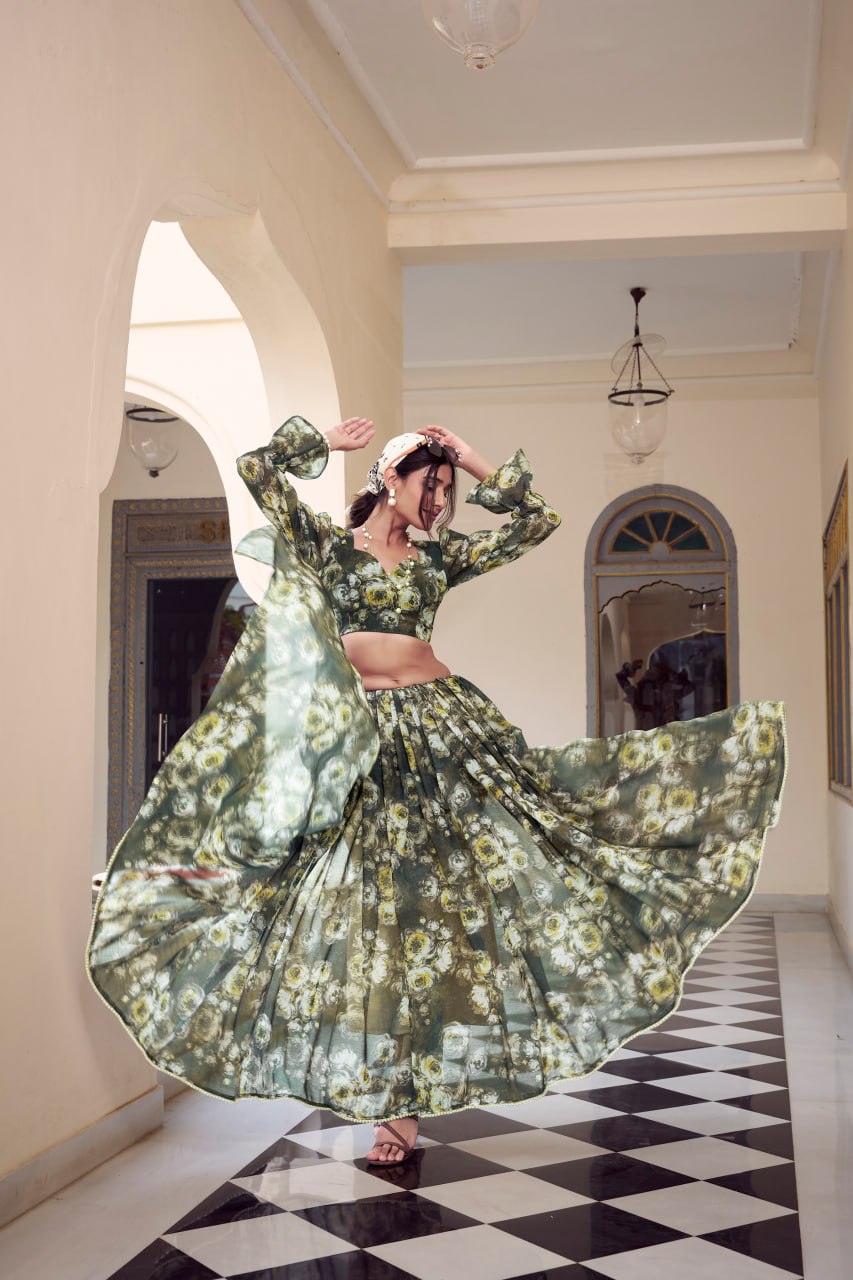 Mehndi Marble Print Weightless Saree with Pearl Lace Border Floral Blouse