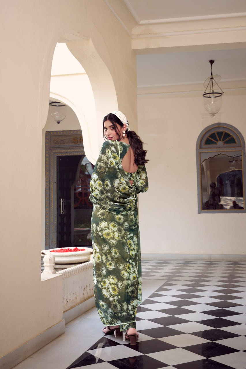 Mehndi Marble Print Weightless Saree with Pearl Lace Border Floral Blouse