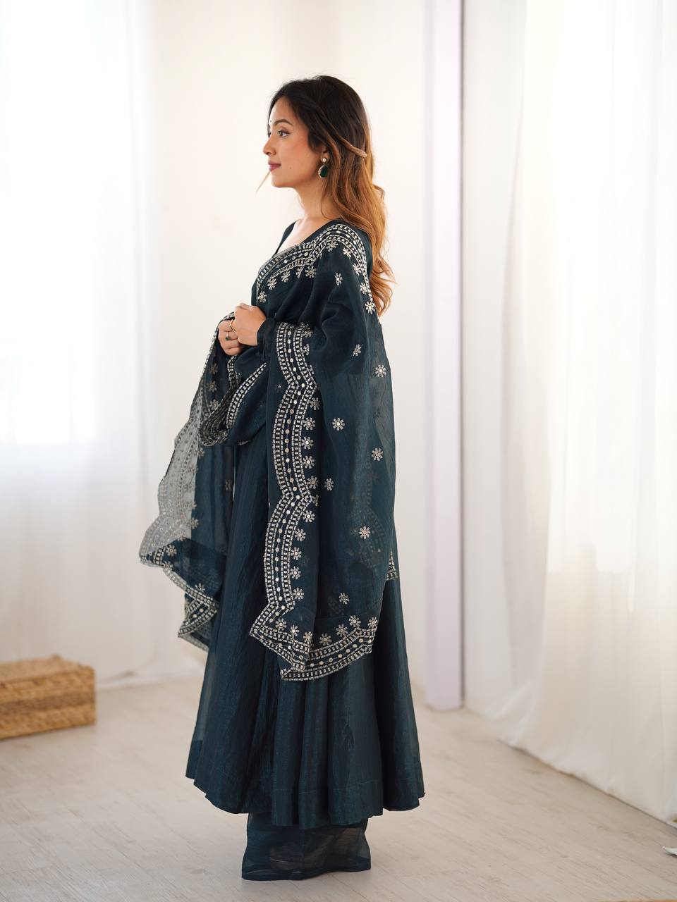 Midnight Blue Designer Heavy Fandy Silk Gown and Dupatta For Party Wear