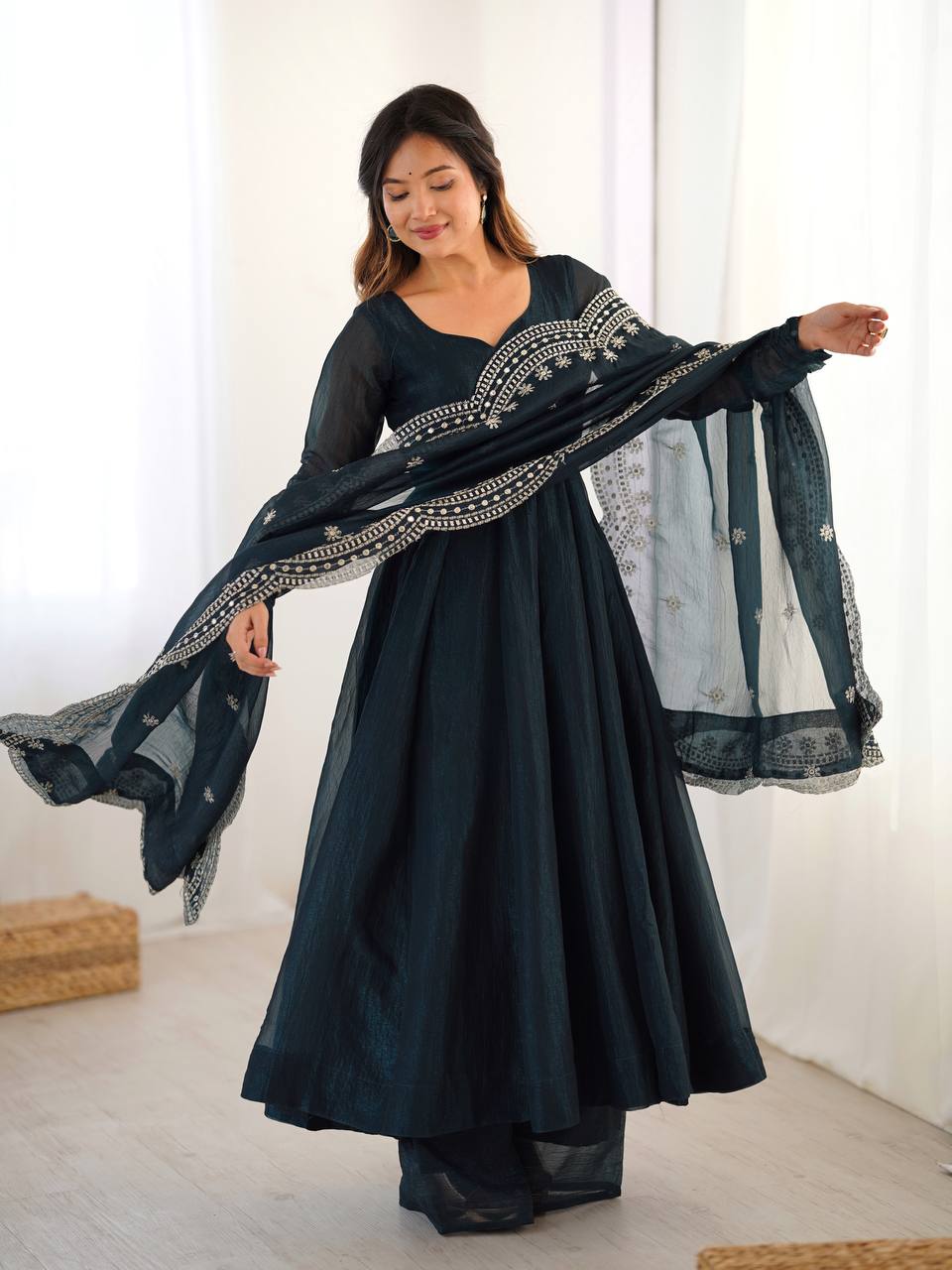 Midnight Blue Designer Heavy Fandy Silk Gown and Dupatta For Party Wear