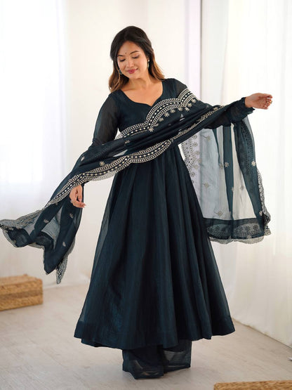 Midnight Blue Designer Heavy Fandy Silk Gown and Dupatta For Party Wear