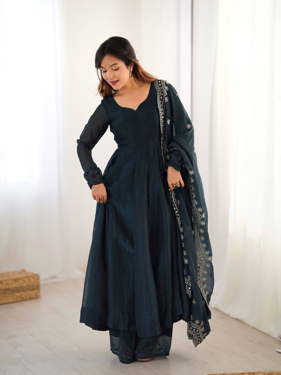 Midnight Blue Designer Heavy Fandy Silk Gown and Dupatta For Party Wear