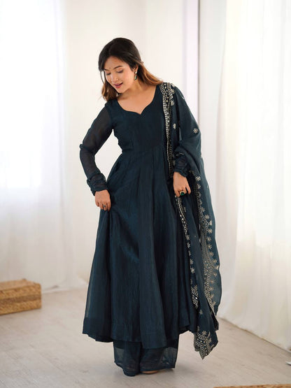 Midnight Blue Designer Heavy Fandy Silk Gown and Dupatta For Party Wear