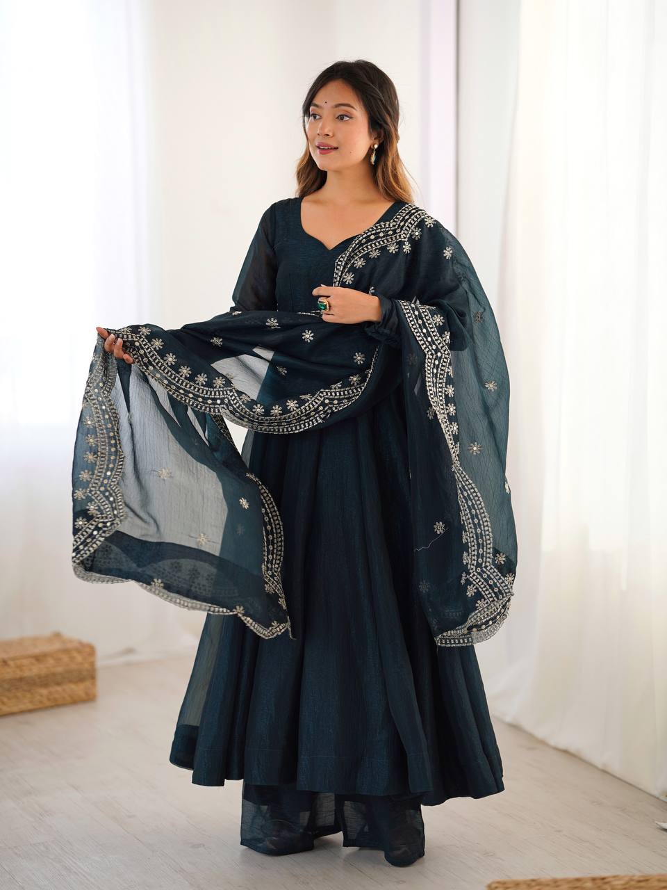 Midnight Blue Designer Heavy Fandy Silk Gown and Dupatta For Party Wear
