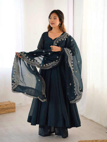 Midnight Blue Designer Heavy Fandy Silk Gown and Dupatta For Party Wear
