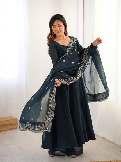Midnight Blue Designer Heavy Fandy Silk Gown and Dupatta For Party Wear