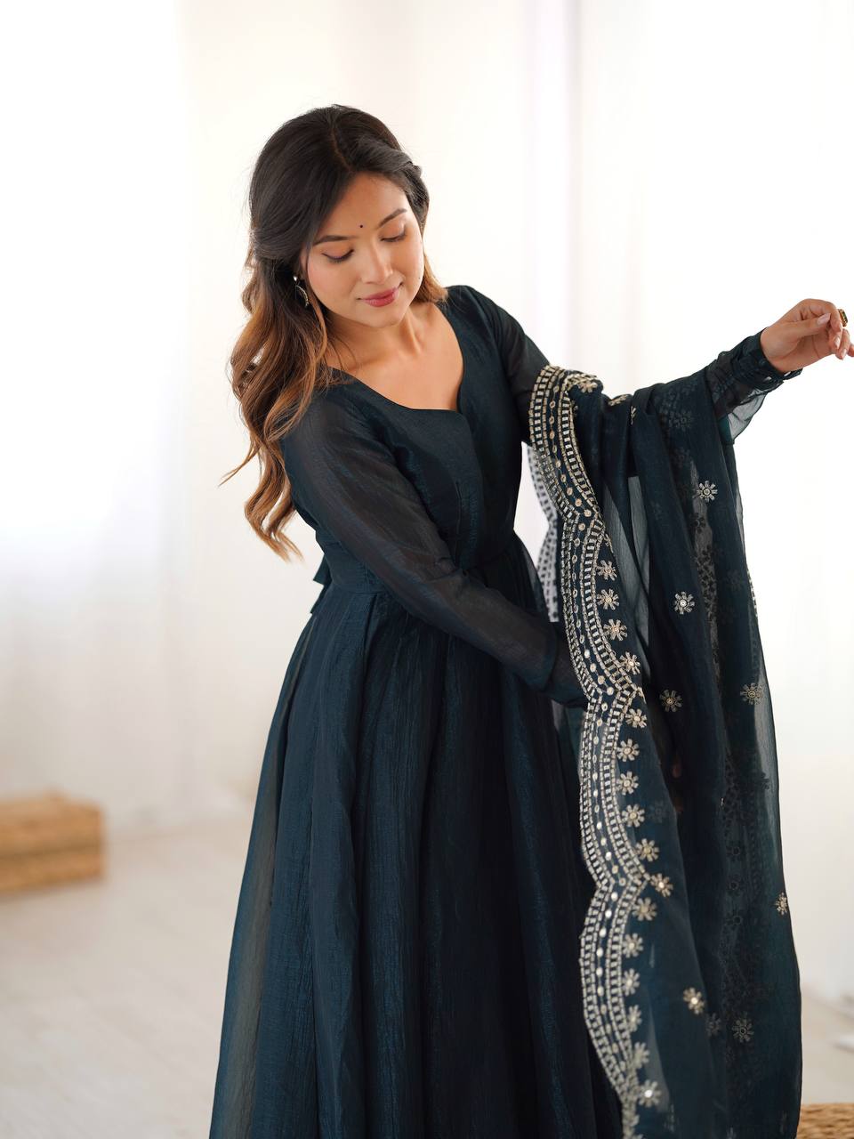 Midnight Blue Designer Heavy Fandy Silk Gown and Dupatta For Party Wear