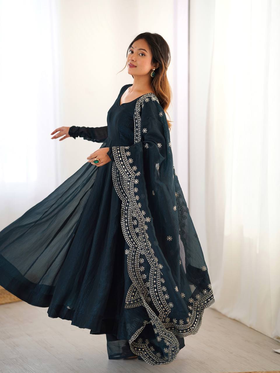 Midnight Blue Designer Heavy Fandy Silk Gown and Dupatta For Party Wear