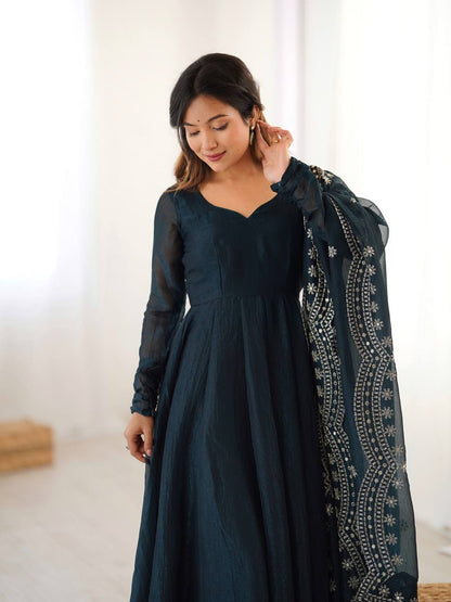 Midnight Blue Designer Heavy Fandy Silk Gown and Dupatta For Party Wear
