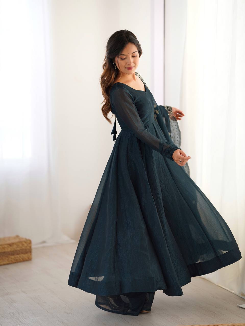 Midnight Blue Designer Heavy Fandy Silk Gown and Dupatta For Party Wear