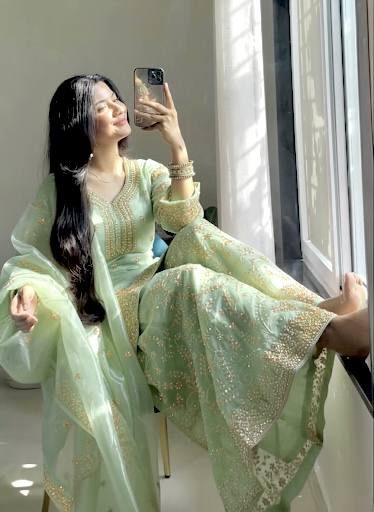 Mint Green Designer Pure Jimmy Choo Plazzo and Dupatta For Party Wear