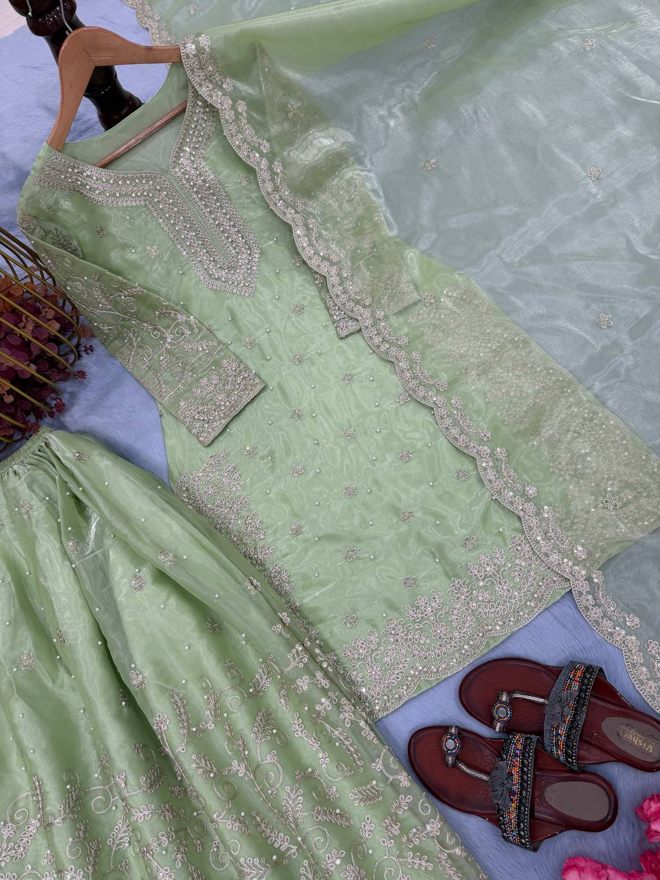 Mint Green Designer Pure Jimmy Choo Plazzo and Dupatta For Party Wear