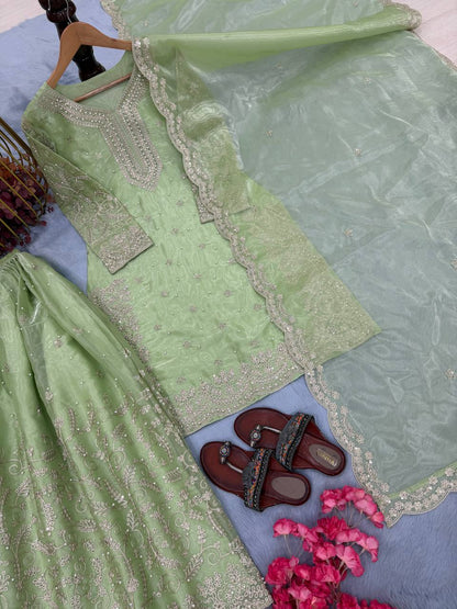 Mint Green Designer Pure Jimmy Choo Plazzo and Dupatta For Party Wear