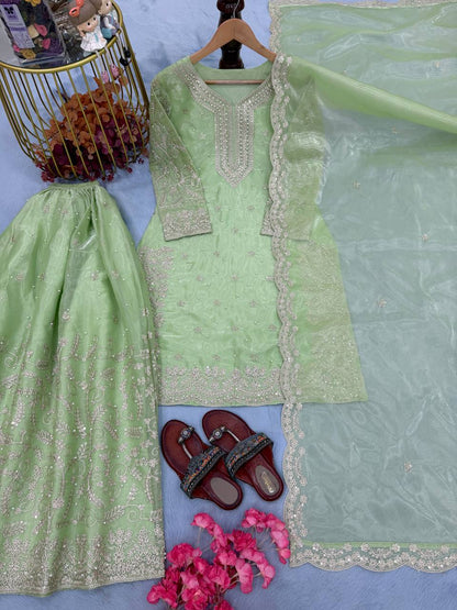 Mint Green Designer Pure Jimmy Choo Plazzo and Dupatta For Party Wear