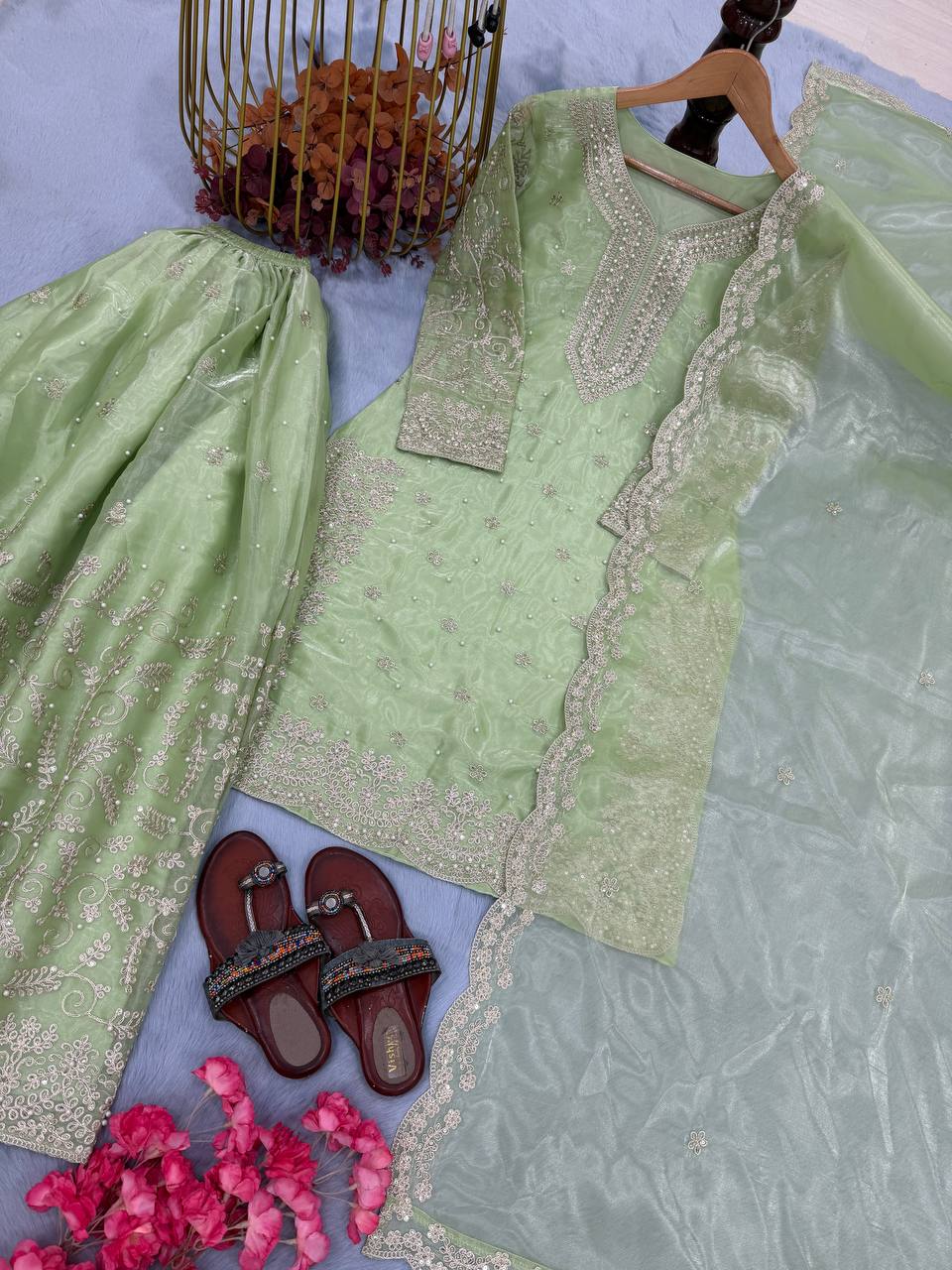 Mint Green Designer Pure Jimmy Choo Plazzo and Dupatta For Party Wear