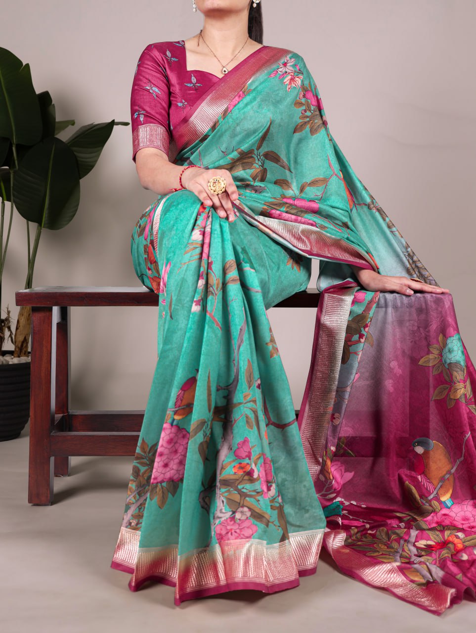 Mint Green Floral Printed Tussar Silk Saree with Viscose Border