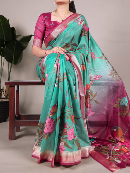 Mint Green Floral Printed Tussar Silk Saree with Viscose Border