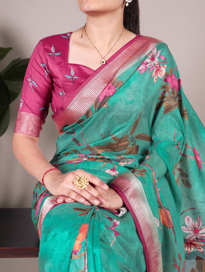 Mint Green Floral Printed Tussar Silk Saree with Viscose Border