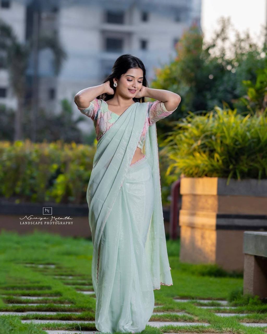 Mint Green Shimmer Georgette Saree with Embroidered Print Blouse