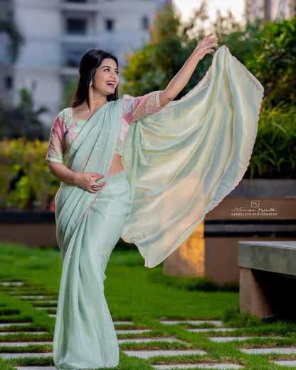 Mint Green Shimmer Georgette Saree with Embroidered Print Blouse