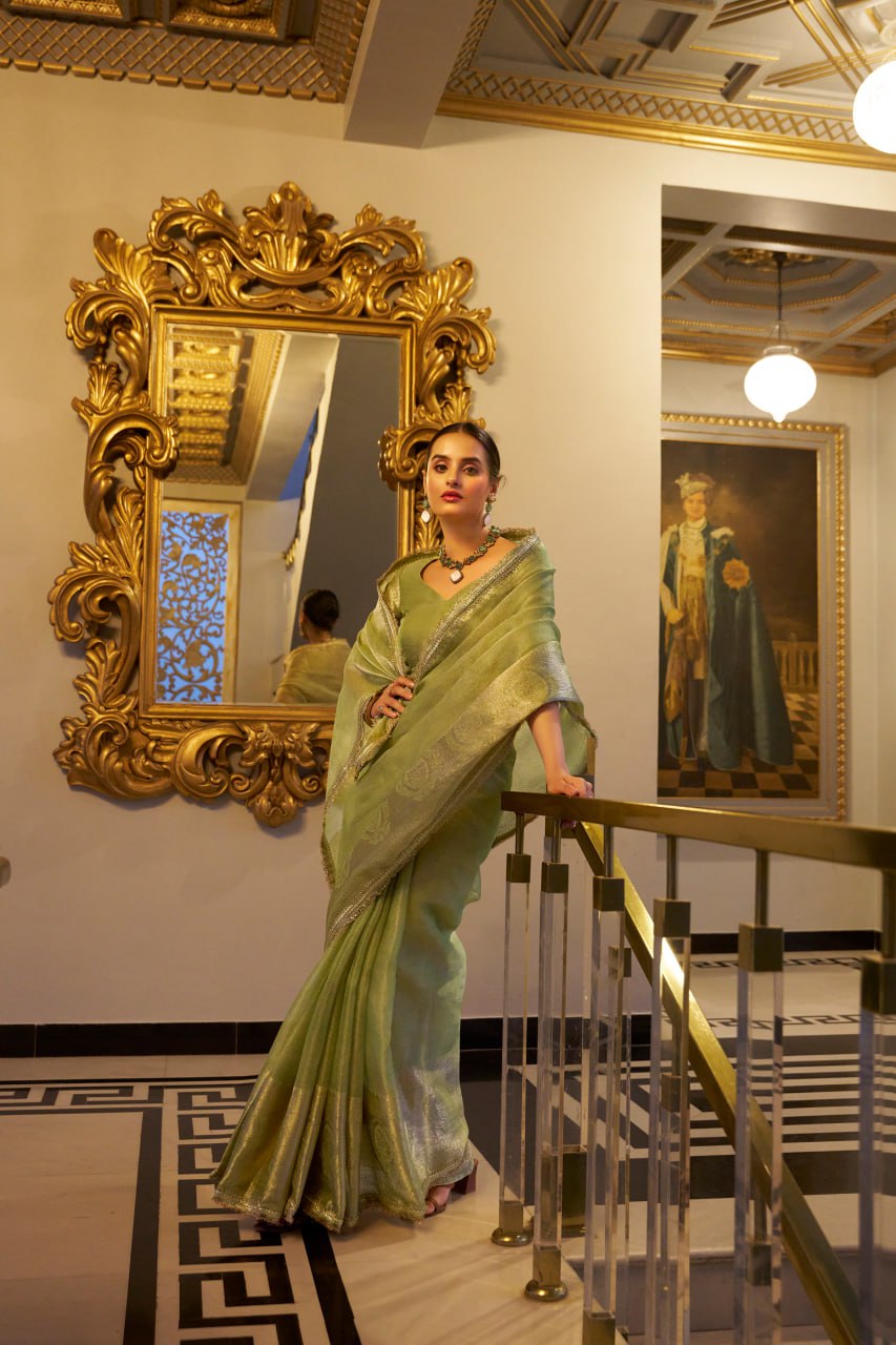 Mint Green Tissue Shimmer Saree with Zari Weaving & Sequins Lace Border