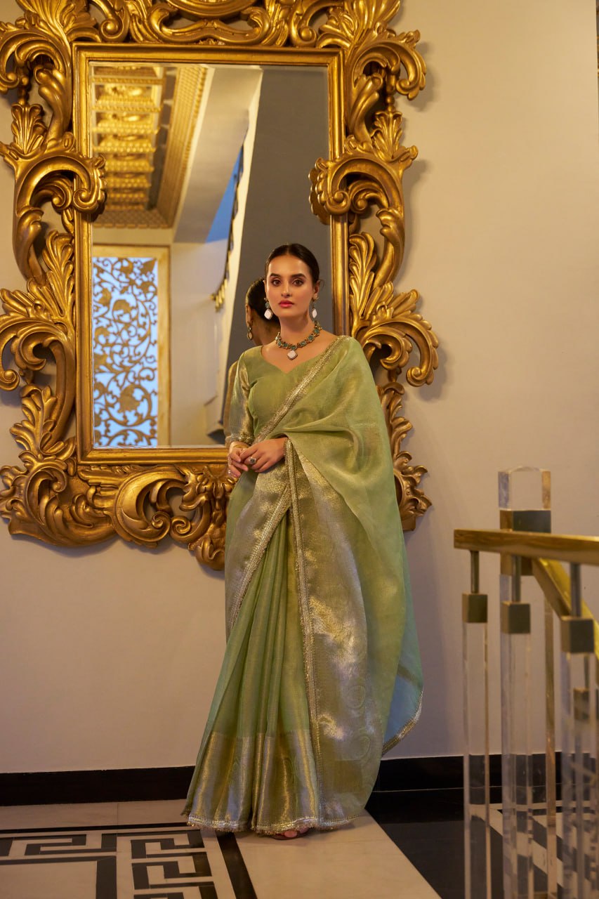 Mint Green Tissue Shimmer Saree with Zari Weaving & Sequins Lace Border