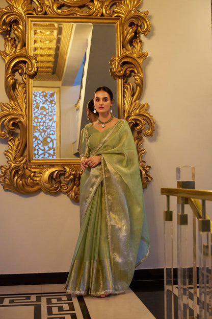 Mint Green Tissue Shimmer Saree with Zari Weaving & Sequins Lace Border