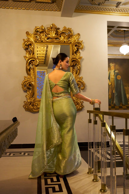 Mint Green Tissue Shimmer Saree with Zari Weaving & Sequins Lace Border