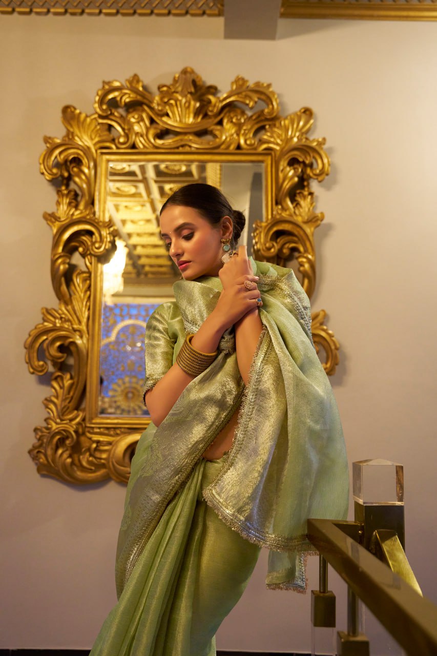 Mint Green Tissue Shimmer Saree with Zari Weaving & Sequins Lace Border