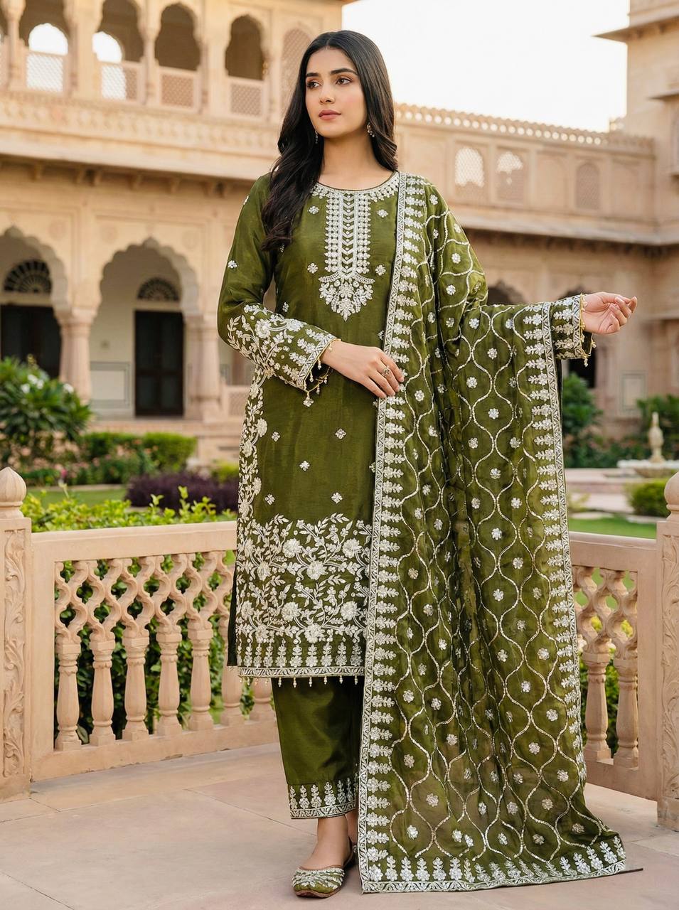 Moss Green Designer GMY Silk Plazzo Top and Dupatta For Party Wear