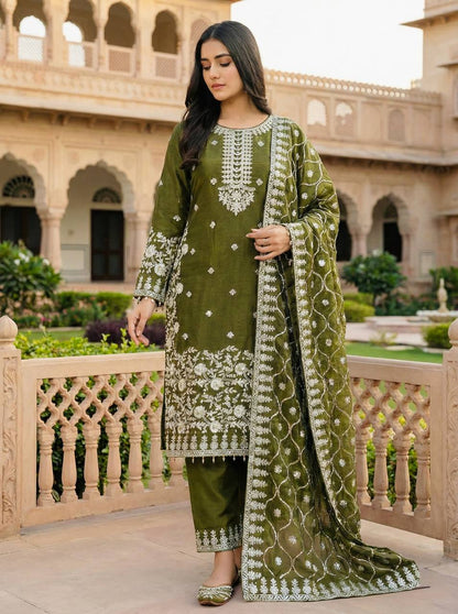 Moss Green Designer GMY Silk Plazzo Top and Dupatta For Party Wear